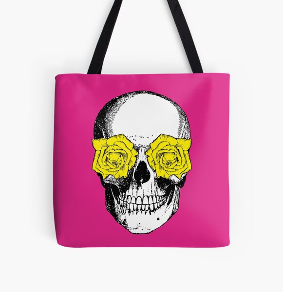 Skull and Roses | Skull and Flowers | Skulls and Skeletons | Vintage Skulls | Pink and Yellow |  All Over Print Tote Bag