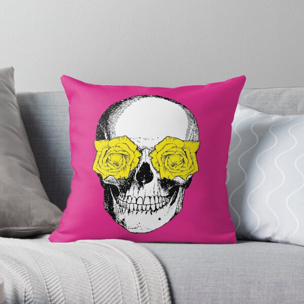 Skull and Roses | Skull and Flowers | Skulls and Skeletons | Vintage Skulls | Pink and Yellow | Throw Pillow