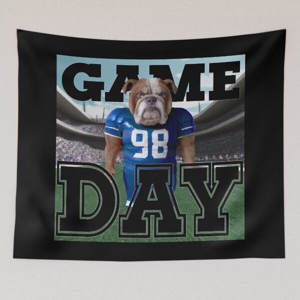 Item preview, Football Bulldog dressed in blue and white uniform. Ready for Game Day designed and sold by jamie Omahen.