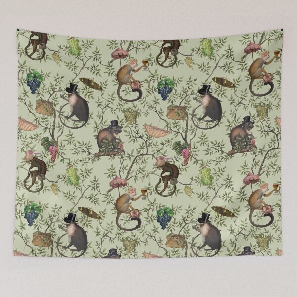 Item preview, Vintage Chinoiserie Monkeys Botanical Garden green Nightgarden designed and sold by UtArt.