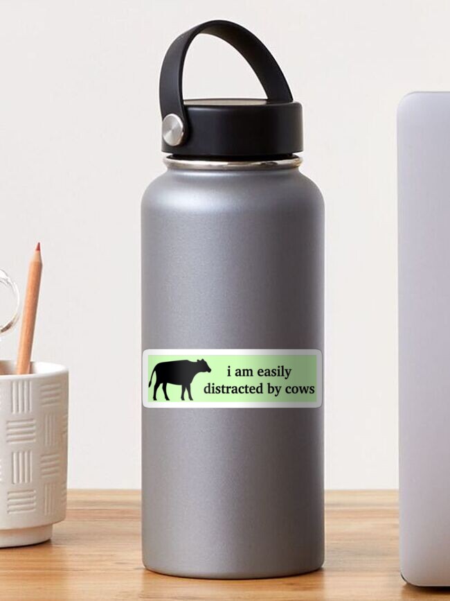 Thumbnail 1 of 3, Sticker, I Am Easily Distracted By Cows Bumper Sticker Unhinged Humor Funny Satire Ironic Gen-Z Millennial Farm Driving Agriculture designed and sold by Ssimo30.