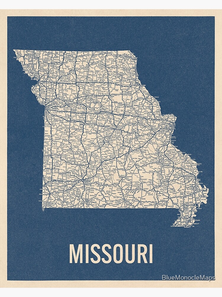 Vintage Missouri Road Map Blue On Beige Poster For Sale By Bluemonoclemaps Redbubble