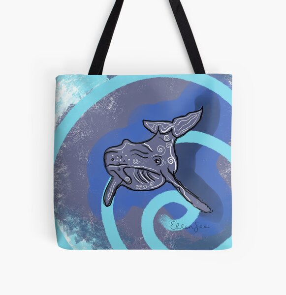 Whale Tote Bag, Navy Sea Theme Cartoon Big Fish with Others in