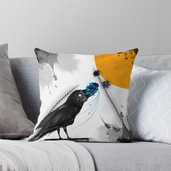 Crow and blue rose - Gothic design Throw Pillow