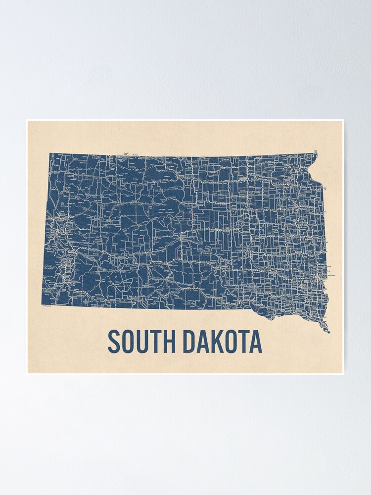 Vintage South Dakota Road Map Blue On Beige Poster For Sale By Bluemonoclemaps Redbubble