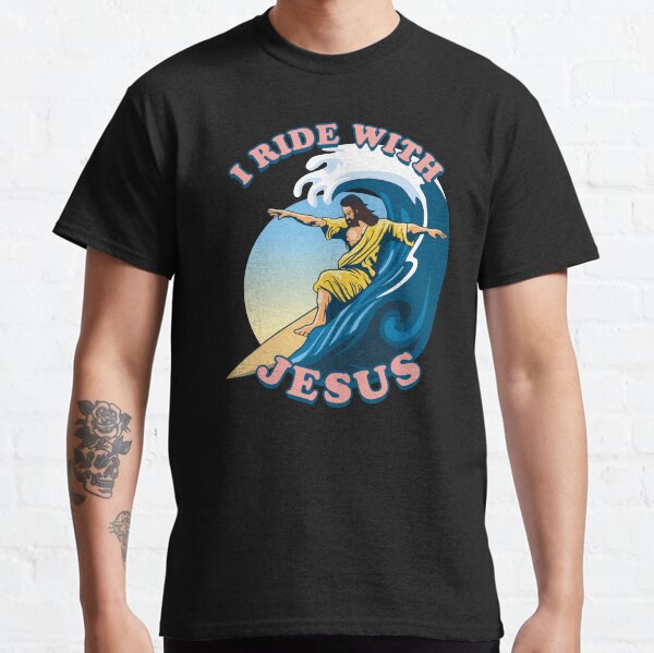 Vista previa del artículo con la obra «Viajo con Jesús | Jesús surfeando», diseñado y vendido por TMBTM.