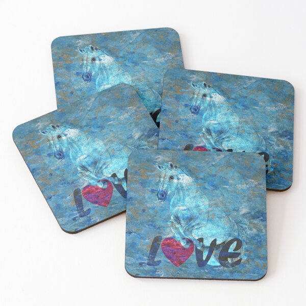 Item preview, Jumping gray horse with heart background and 'LOVE' text - blue and gold marbled version designed and sold by SylvieG18.