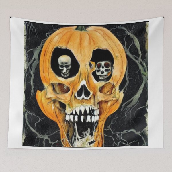 Item preview, halloween a rotten and disintegrated pumpkin reveals skeletons and witches in style of dave mckean  designed and sold by bestoftrendy.