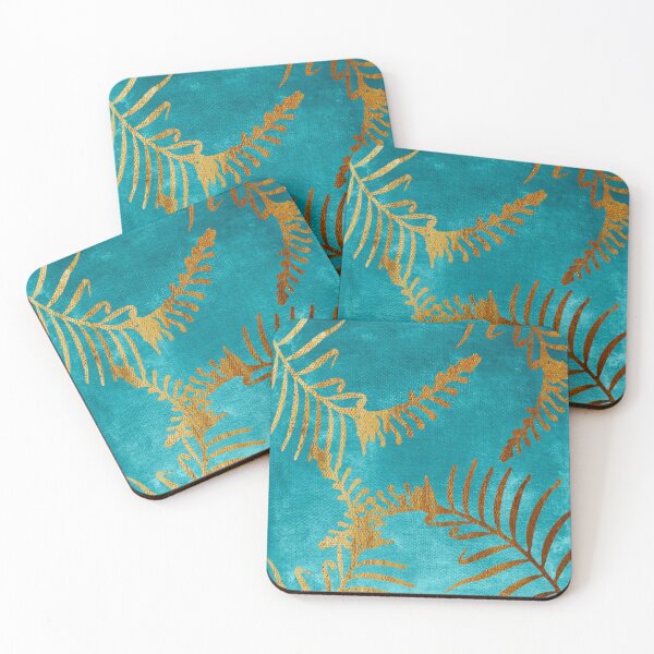 Artikelvorschau, Golden Cycas Blätter auf Cyan Leinwand entworfen und verkauft von Dyrk Wyst Redbubble Shop.