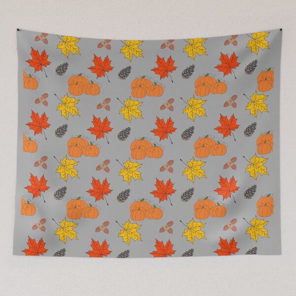 Item preview, Pumpkins Leaves Acorns Pine Cones Fall Illustration Pattern on Gray designed and sold by Itaya Art.