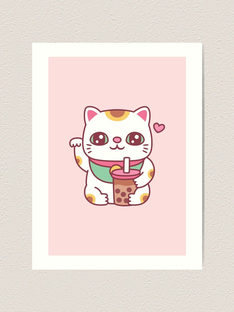 Cute Japanese Maneki Neko Cat With Bubble Tea