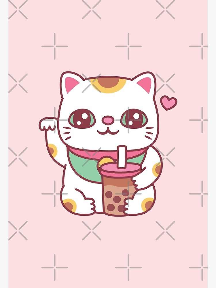 Cute Japanese Maneki Neko Cat With Bubble Tea