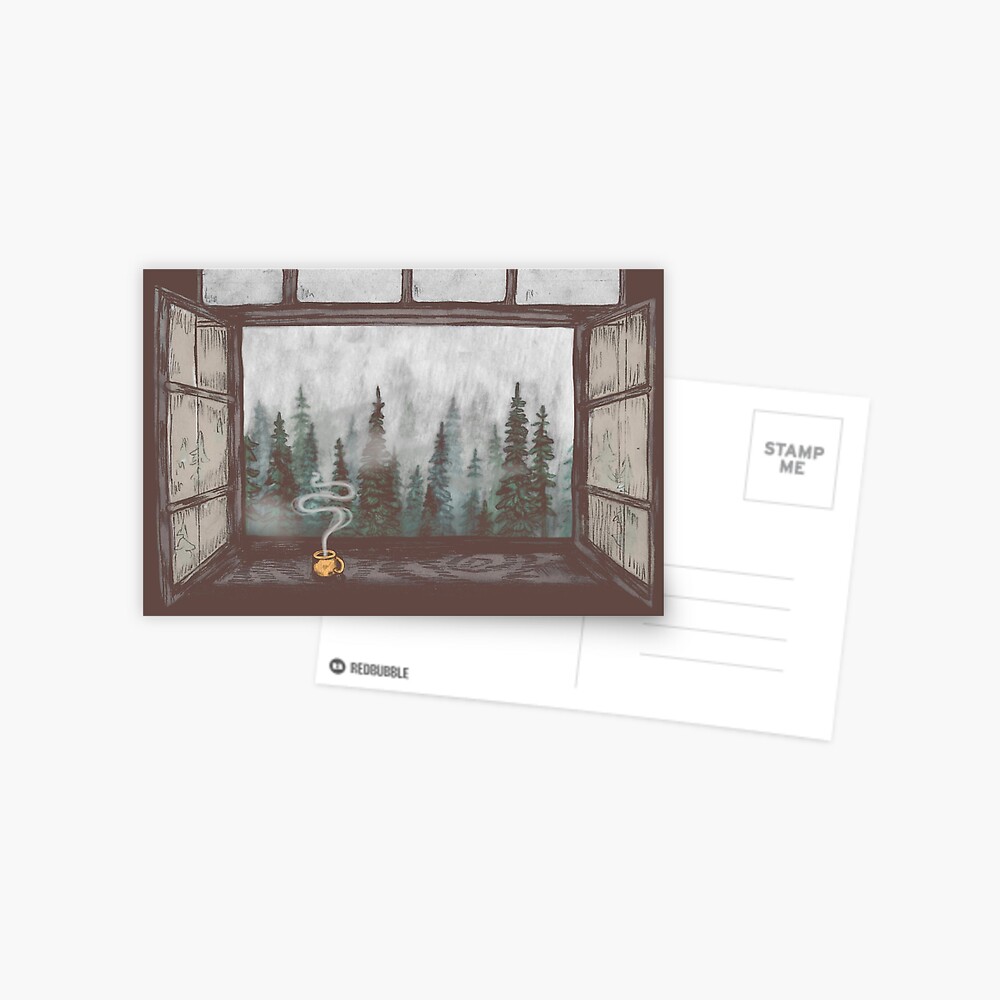 Foggy Forest Window || Cozy Fall Illustration Postcard