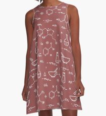 Seamless pattern with variety scientific, education elements: flask, formula, pestle and other. A-Line Dress