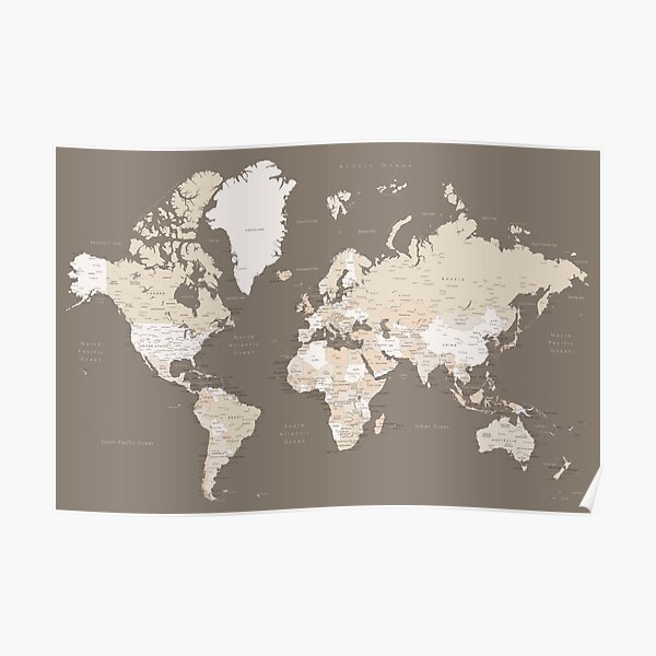 Earth tones world map with cities Poster