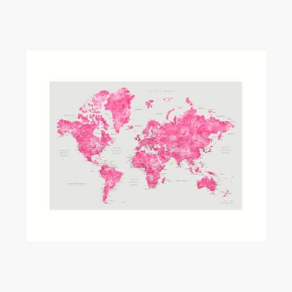 Vista previa del artículo con la obra «Mapa mundial de acuarela rosa y gris», diseñado y vendido por blursbyai.