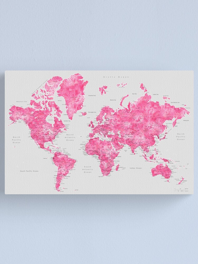 Pink And Grey World Map Canvas Pink And Grey Watercolor World Map" Canvas Print By Blursbyai | Redbubble