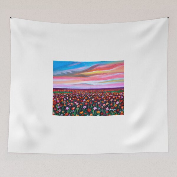 Item preview, Floral meadow at sunset cheerful landscape designed and sold by artbymanjiri.