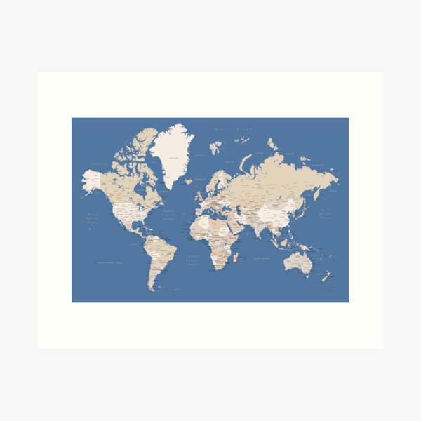 Vista previa del artículo con la obra «Mapa del mundo detallado azul y marrón», diseñado y vendido por blursbyai.