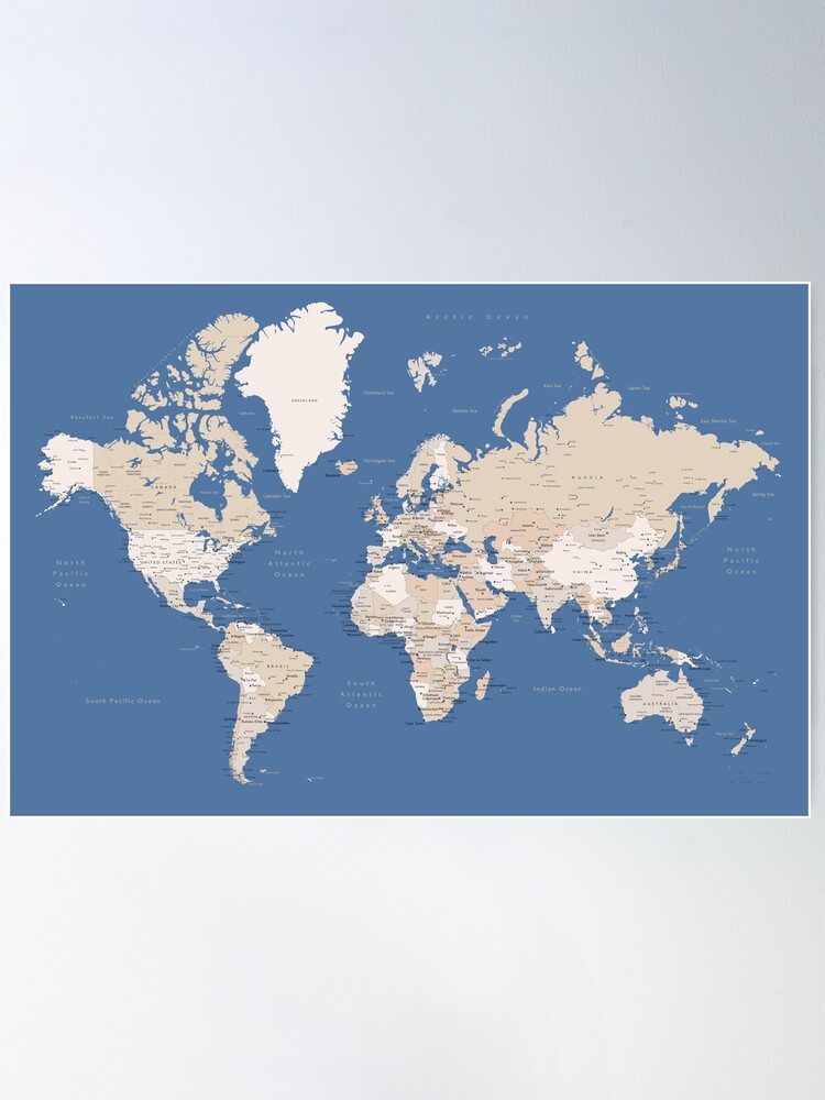 Blue and brown detailed world map