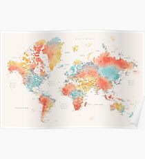 Ausführliche Weltkarte des bunten Aquarells Poster