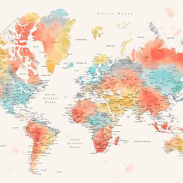 Artwork thumbnail, Colorful watercolor detailed world map by blursbyai