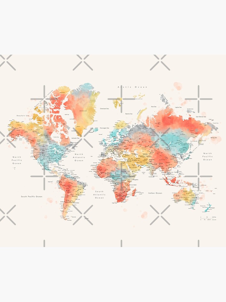Thumbnail 3 of 3, Tapestry, Colorful watercolor detailed world map designed and sold by blursbyai.