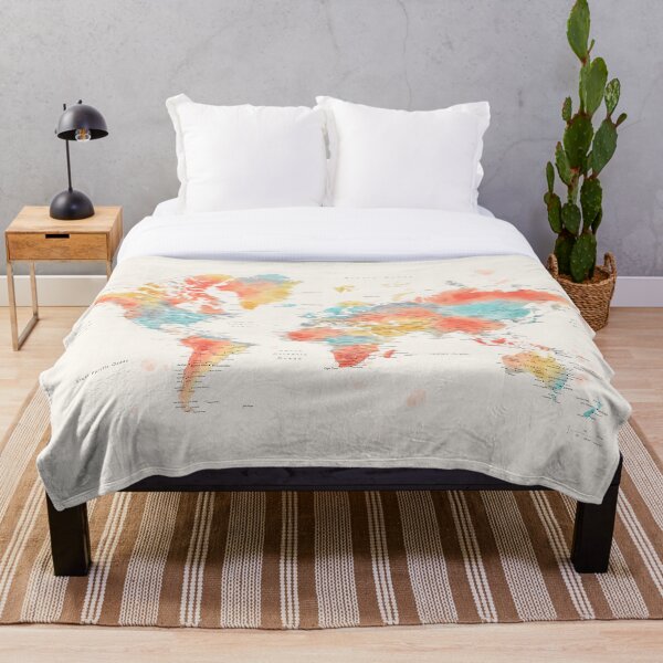 Colorful watercolor detailed world map Throw Blanket