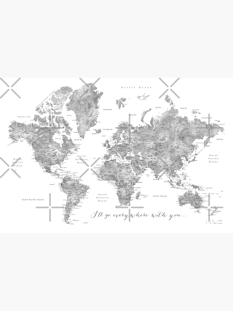 Gray watercolor detailed world map "Everywhere with you" by blursbyai