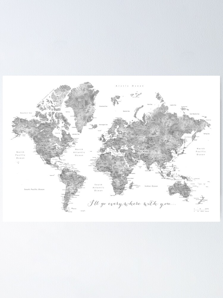 Alternate view of Gray watercolor detailed world map "Everywhere with you" Poster