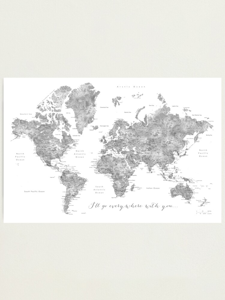 Alternate view of Gray watercolor detailed world map "Everywhere with you" Photographic Print