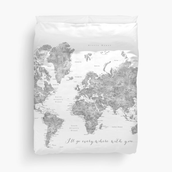 Carte du monde détaillée aquarelle grise "Partout avec vous" Housse de couette
