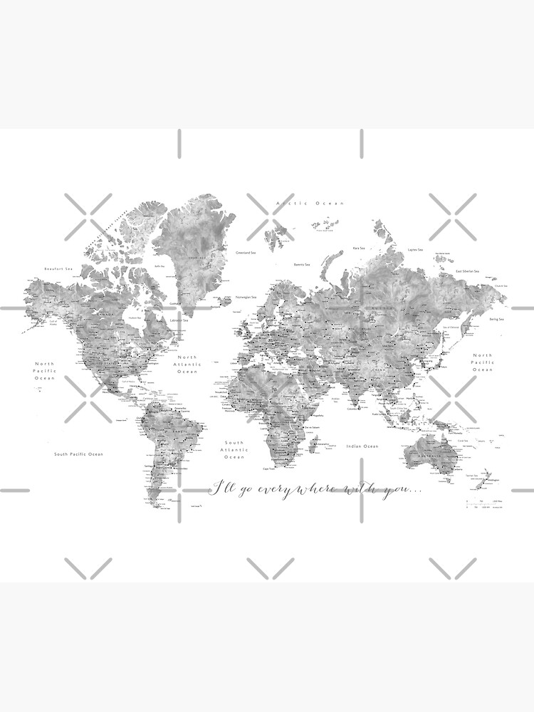 Gray watercolor detailed world map "Everywhere with you" by blursbyai