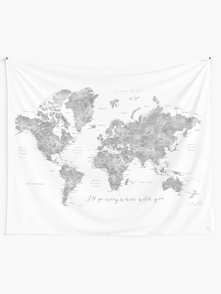 Alternate view of Gray watercolor detailed world map "Everywhere with you" Tapestry