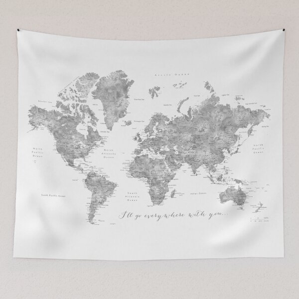 Item preview, Gray watercolor detailed world map "Everywhere with you" designed and sold by blursbyai.