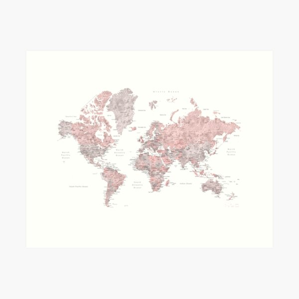 Dusty pink and grey world map with cities Art Print