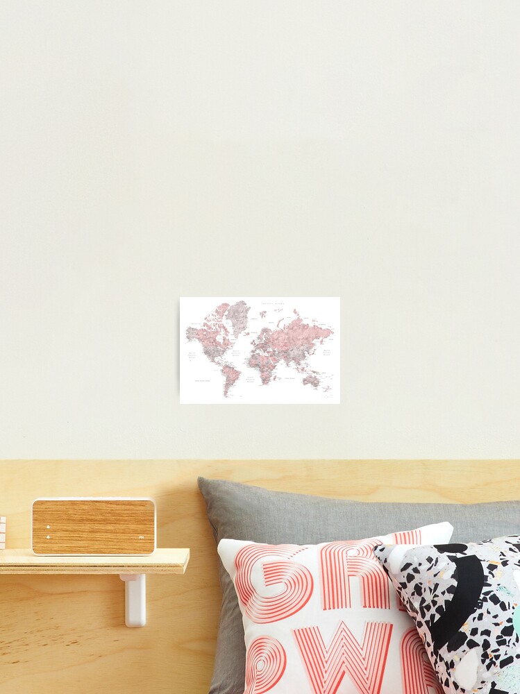 Carte Du Monde Rose Et Gris Poussiéreux Avec Les Villes Impression Photo