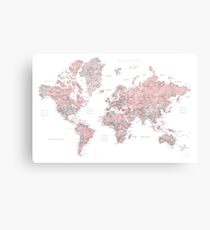 Dusty pink and grey world map with cities Canvas Print