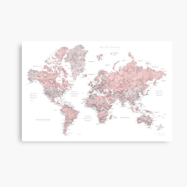 Dusty pink and grey world map with cities Canvas Print