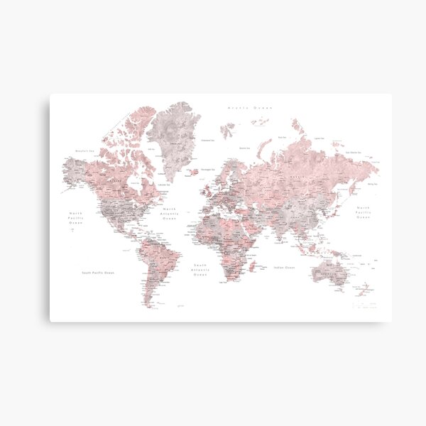 Dusty pink and grey world map with cities Metal Print