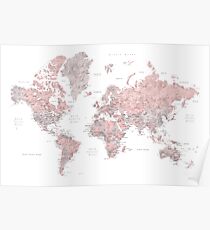 Dusty pink and grey world map with cities Poster