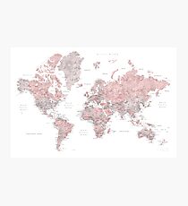 Dusty pink and grey world map with cities Photographic Print