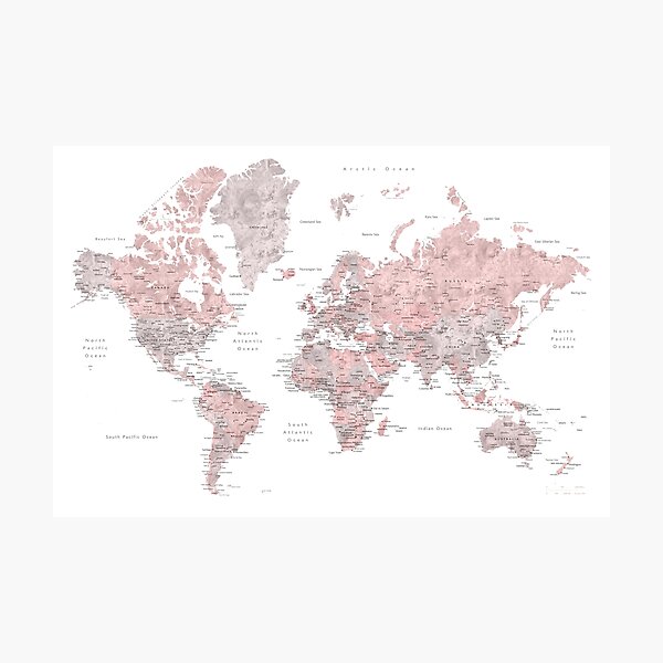 Item preview, Dusty pink and grey world map with cities designed and sold by blursbyai.