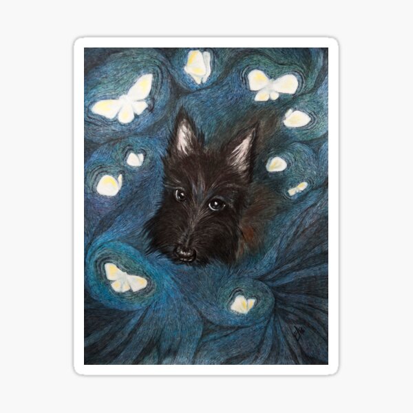 Scottie puppy, Scottish terrier, Scottie dog, butterflies, night, hand painted, original design Sticker