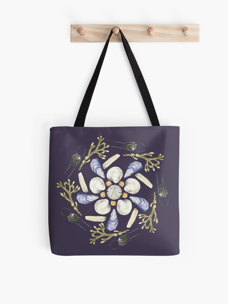 Thumbnail 1 of 2, Tote Bag, L Tide Pool Beach Mandala 1 - Watercolor - Plum designed and sold by skidgelstudios.