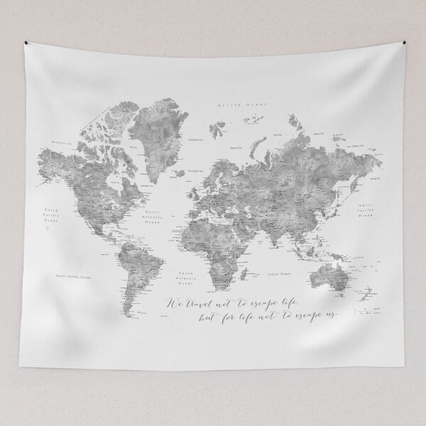 Item preview, Detailed world map "we travel not to escape life" designed and sold by blursbyai.