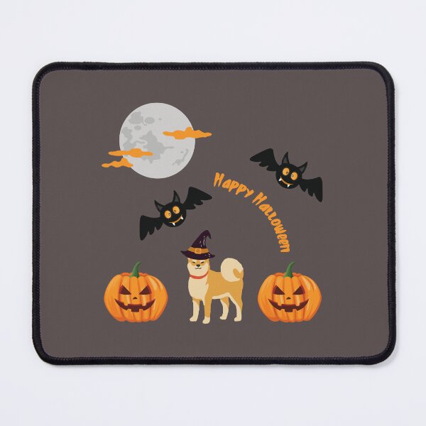 Item preview, Shiba Inu with Witch Hat and Happy Halloween Sign, Spooky Pumpkin, Bats and Moon designed and sold by SeasonalDogs.