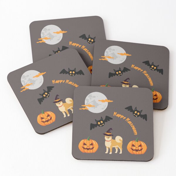 Item preview, Shiba Inu with Witch Hat and Happy Halloween Sign, Spooky Pumpkin, Bats and Moon designed and sold by SeasonalDogs.