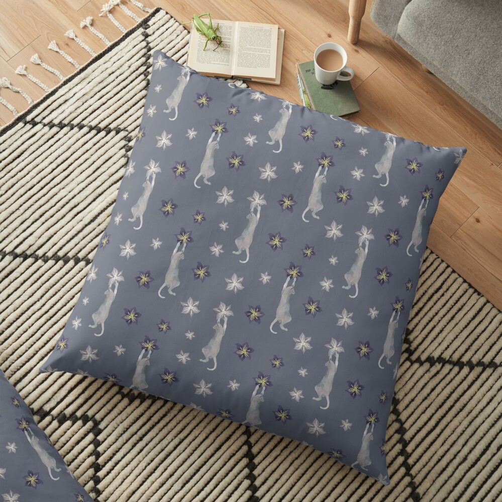 Cats climbing flowers on purple gray Floor Pillow