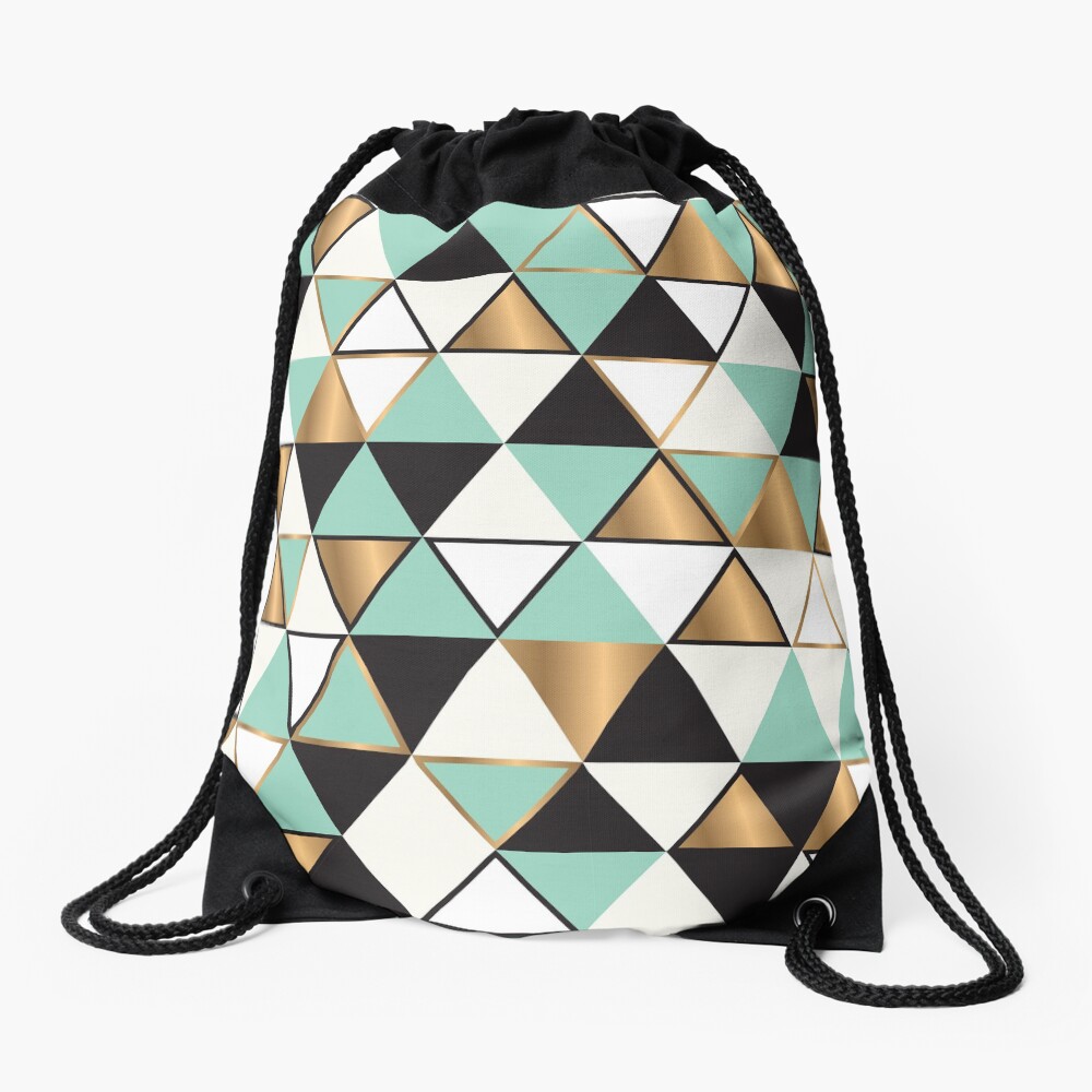 Abstract triangles in gold, black and turquoise Drawstring Bag